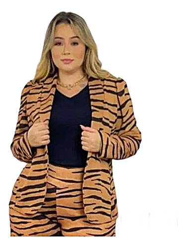 Casaquinho Blazer Em Poliéster Estampa Animal Print Tigre