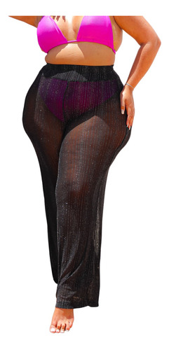 Calça Feminina Plus Size Saída De Praia Pantalona Tule Lurex