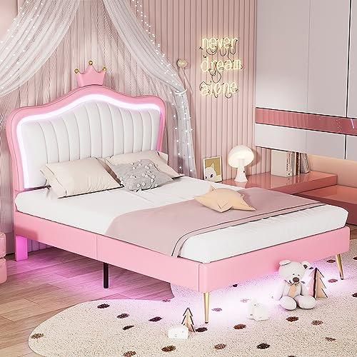 Cama Princesa Moderna Con Luz Led, Cuero Sintético, Base De 