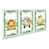 Kit 3 Quadros Infantil Safari Moldura Quarto Criança Hall Ys