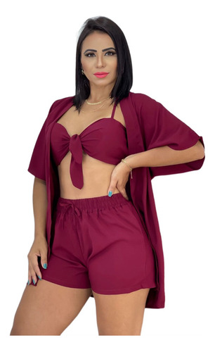 Conjunto Feminino Praia Kimono+short+cropped Verão Promoção