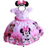 Vestido Infantil Princesa Luxo Minnie Rosa E Tiara 