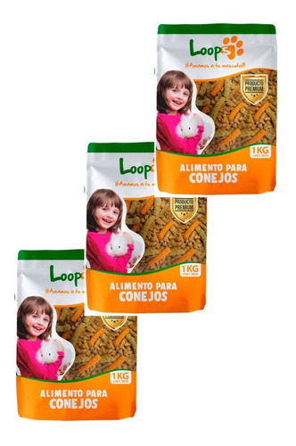 3 Bolsas Alimento Conejo Pellet Loops 1kg.