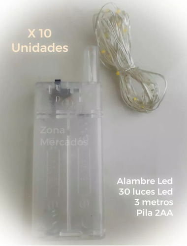 Cable Hilo Alambre Luz Led X 10 Blanco Cálido 3 M. A Pilas