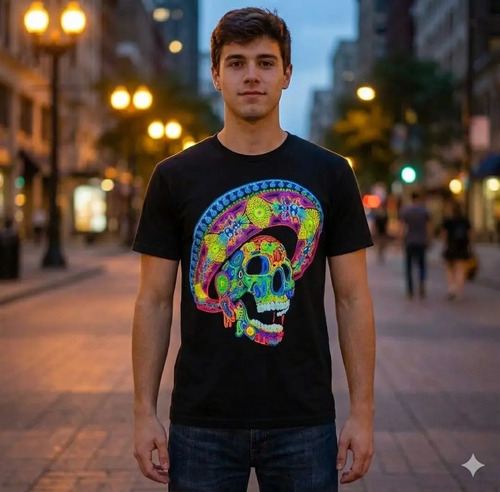 Playera Calavera Mariachi Mexico Fluorescente Neon Mexicana