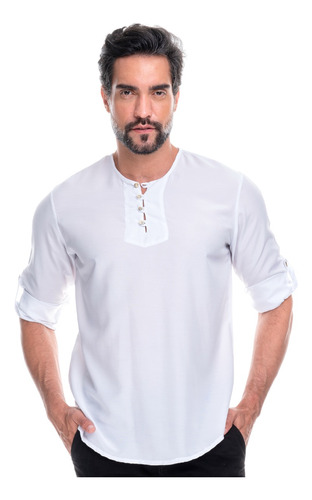 Camisa Masculina Bata Lisa Com Botão Manga Longa Branca