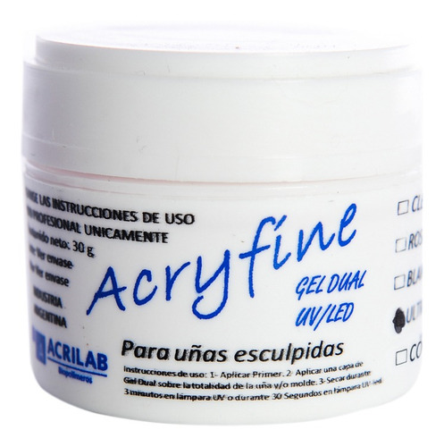 Acryfine Gel Dual Uv Led Modelado Uñas Ultra Blanco 30gr