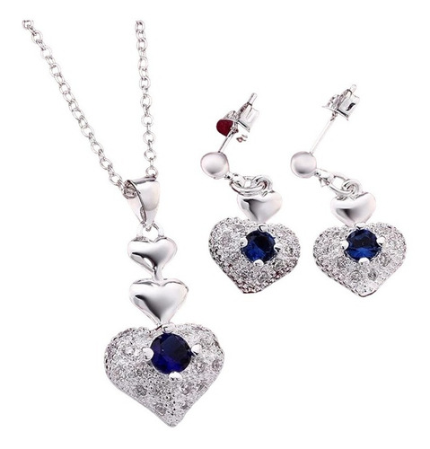 Conjunto Collar Y Aros Corazón Cristal Azul Plata Ley 925