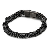 Pulsera Negra Doble Cadena Cuadrada Cilíndrica Acero Inox