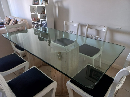 Juego Comedor C/mesa Vidrio Doble Patas Travertino 6 Sillas