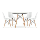 Juego De Comedor Mesa Redonda Vidrio + 4 Sillas Eames - 80cm