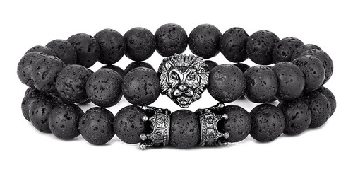 Pulsera Piedra Volcanica Leon Y Coronas  Black Hombre