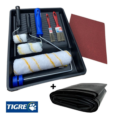 Kit Pintura De Parede Rolo Lã Lixa E Pincel Lona Com 13 Pçs Tigre