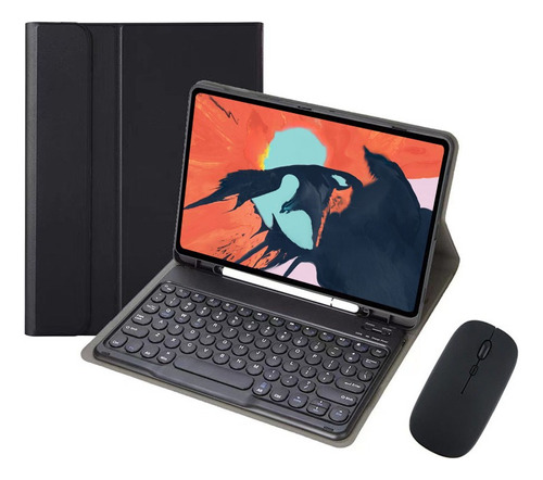 Capa Para Tablet S7 Fe (12,4 Universal) Com Teclado E Mouse Cor Preto + Preto Teclado Redondo + Preto Carregamento Bluetooth Mouse