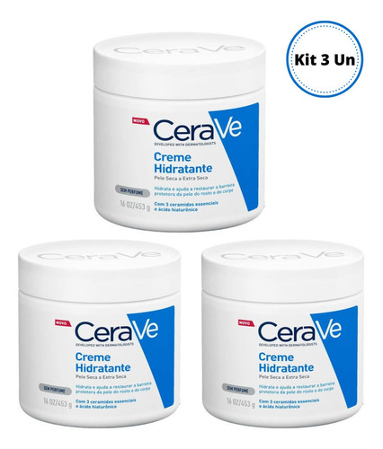 Kit Com 3 Creme Loção Neutro Hidratante Corpo  Cerave 453g