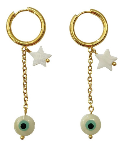 Aretes Arracadas Ojo Turco Estrella Madreperla Baño Oro 18k