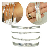 Conjunto 4 Bracelete Pulseira Largo Rigido Prata Legitima