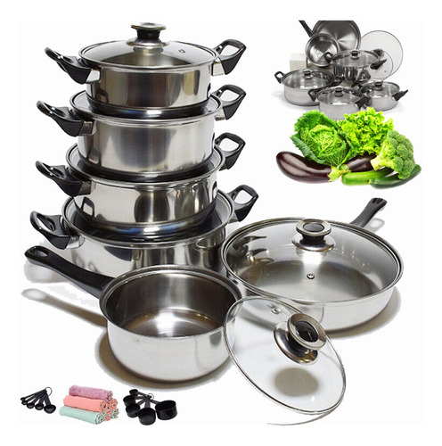 Kit Batería De Cocinasartenes Y Ollas Soperas Con Tapa 12pcs Color Plata