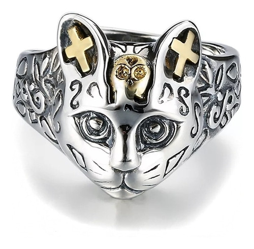 Anillo Plata 925 Gato Ajustable Calavera Cruz Gotico Mujer