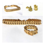 Anillo, Aretes Y Pulsera Rolex Chapa De Oro 14k.