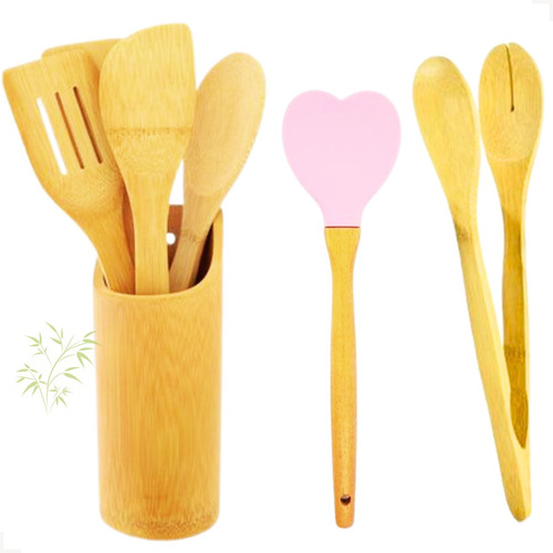 Kit Culinario Colher De Pau Espatula Bambu Natural Suporte 