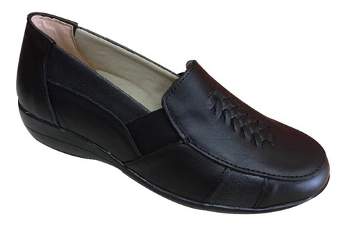 Zapato Mocasin Cuero Mujer Dama Con Taco Con Elástico Negro