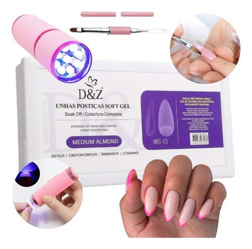 Kit Unhas Soft Gel Realista Speed + Mini Led Uv + Pincel 