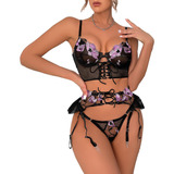 Conjunto De Liguero Sexy Con Chaleco De Encaje Y Corsé