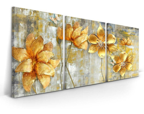 Quadro Flor Dourada Abstrata 180x90 Em Tela Canvas