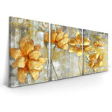 Quadro Flor Dourada Abstrata 180x90 Em Tela Canvas
