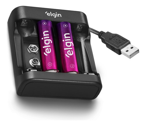 Kit Carregador Pilhas Bateria Usb + 2 Pilhas Aa Elgin