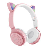 Fone De Ouvido Bluetooth Sem Fio Infantil Gatinho Led Macio Cor Rosa