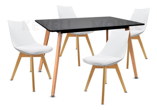 Juego Comedor Mesa Rectangular +4 Sillas Eames Con Cojin Color Negro Diseño De La Tela De Las Sillas Vinipiel