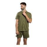 Conjunto Moda Praia Masculino Camisa E Shorts Na Mesma Cor