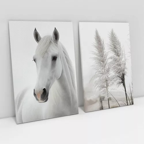 Quadros Decorativos Cavalo E Árvore Branca 2 Peças 