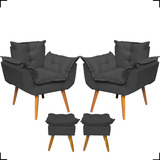 Kit 2 Poltronas Decorativas Para Receção + 2 Puff Reforçados Cor Preto Desenho Do Tecido Suede Liso