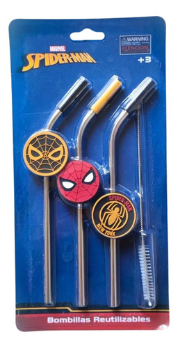 Set 3 Bombillas Spiderman Acero Inoxidable Marvel +limpiador