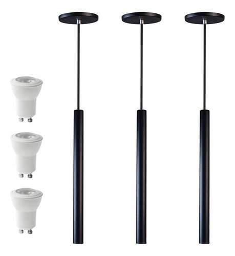 Kit 3 Pendente Fokus Tubo Cilindro 50cm Preto + Led Incluso