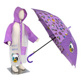 Kit Infantil Guarda Chuva Automático + Capa De Chuva Roxo