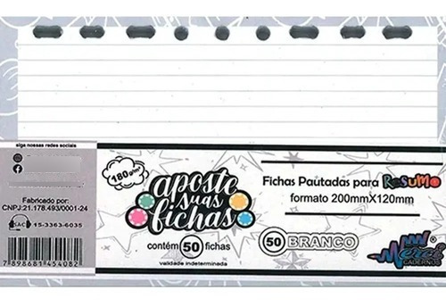 Ficha Pautada De Resumo Mérci Branca 20x12 Cm C/ 50 Fichas 