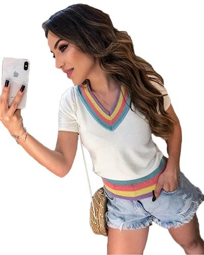 Tricot Trico Feminino Blusa Decote V Colorida Lurex Lançamen
