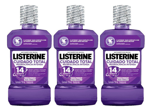 Kit Com 3 Antissépticos Bucal Listerine Cuidado Total 250ml