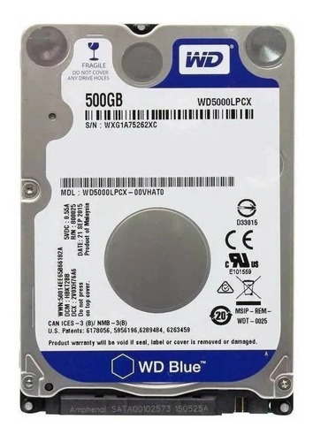Disco Rigido Notebook 2.5'' 500gb 5400rpm 16mb 7mm Wd Blue