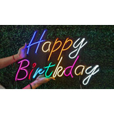 Letrero Neon  Happy Birthday  Con Fondo Negro, Color Variado