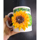 Taza De Girasol  Good Vibes Only Y Cucharita Porcelana Fría