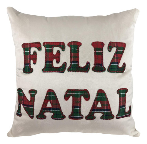 Almofada De Veludo Bege Com Bordado Feliz Natal 45x45cm