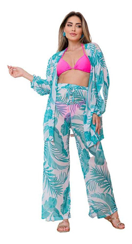 Conjunto Tule Kimono E Calça Pantalona Saída De Praia Verão