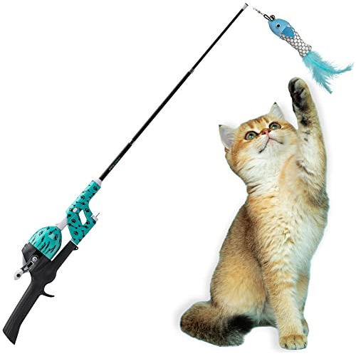 Juguete De Caña De Pescar Con Ruedas Para Gatos, Sin Enredos