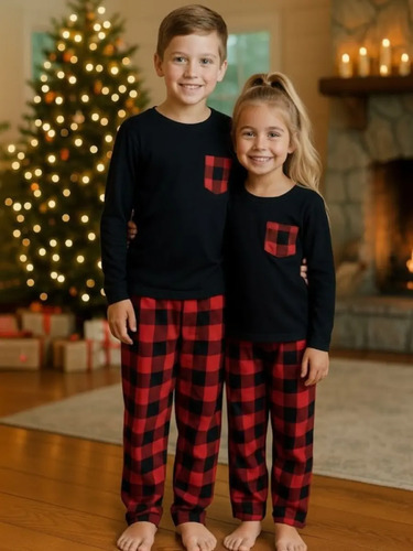 Pijamas Navideñas Cuadros Rojo Y Verde Infantil