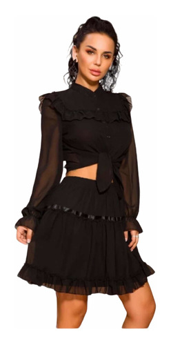 Vestido Falda Con Blusa Top Sexy Negro Transparente Elegante